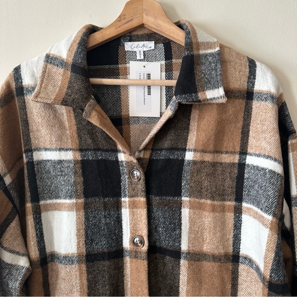 Calista Plaid Wool Blend Flannel Tan Mid Length Button Up Shirt Jacket Shacket - Picture 3 of 9